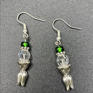 NWOT-Silver-tone TulipInspired Fishhook Earrings w/ Clear Swarovski & Green Bead